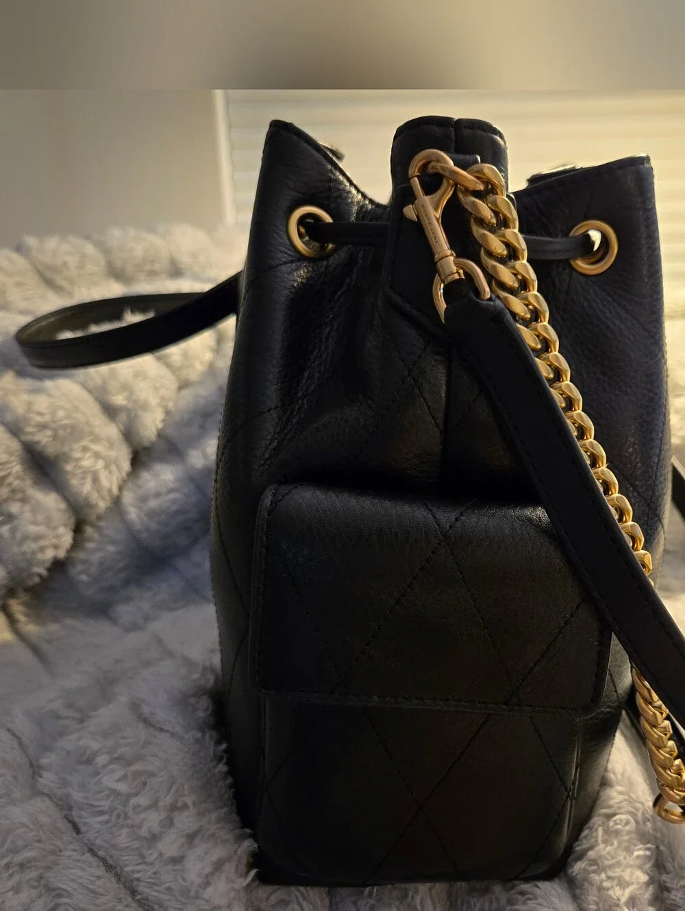 Tory Burch Charlie Black Quilted Leather Drawstring Bucket with Gold Chain